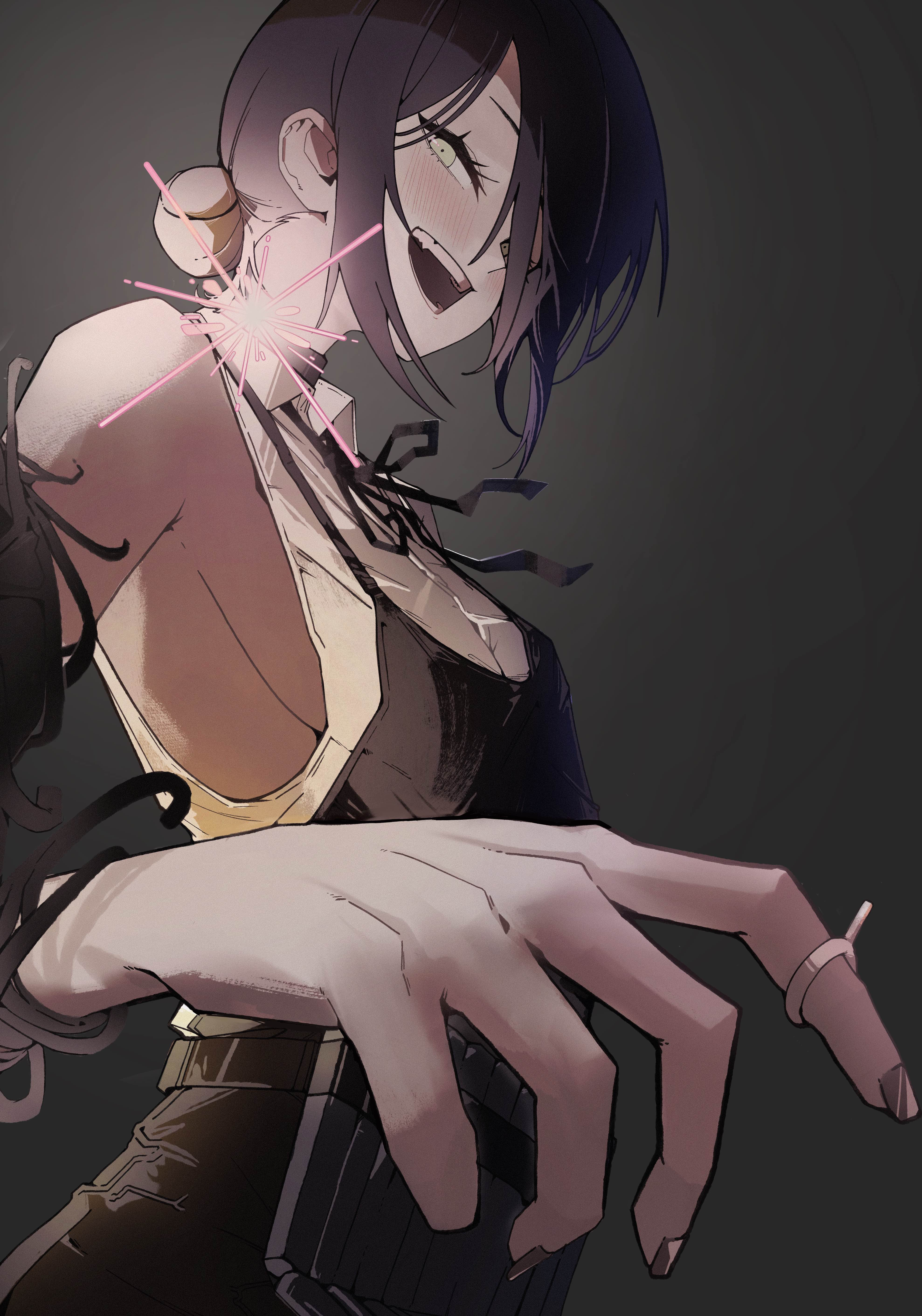 ehddb72, reze (chainsaw man), chainsaw man, absurdres, highres, 1girl, apron, black apron, black hair, black ribbon, breasts, grenade pin, grey eyes, grey nails, hair bun, neck ribbon, open mouth, ribbon, shirt, sideboob, small breasts, solo, teeth, white shirt