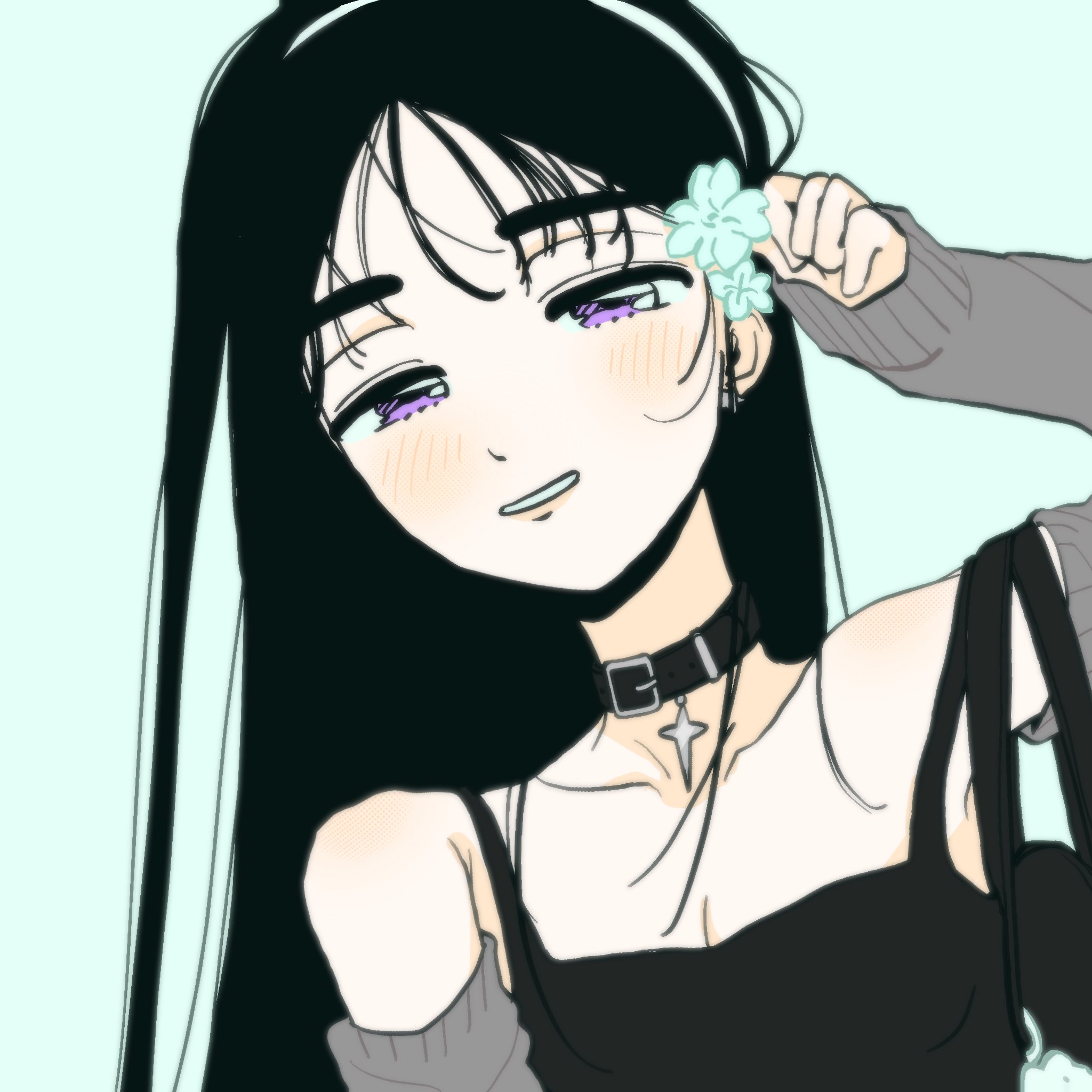 coldmeow, sua (alien stage), alien stage, commentary, hashtag-only commentary, highres, 1girl, alternate costume, black choker, black hair, black tank top, choker, detached sleeves, flower, grey sleeves, hair flower, hair ornament, hairband, long hair, long sleeves, official alternate hair length, official alternate hairstyle, purple eyes, smile, solo, tank top, white flower, white hairband