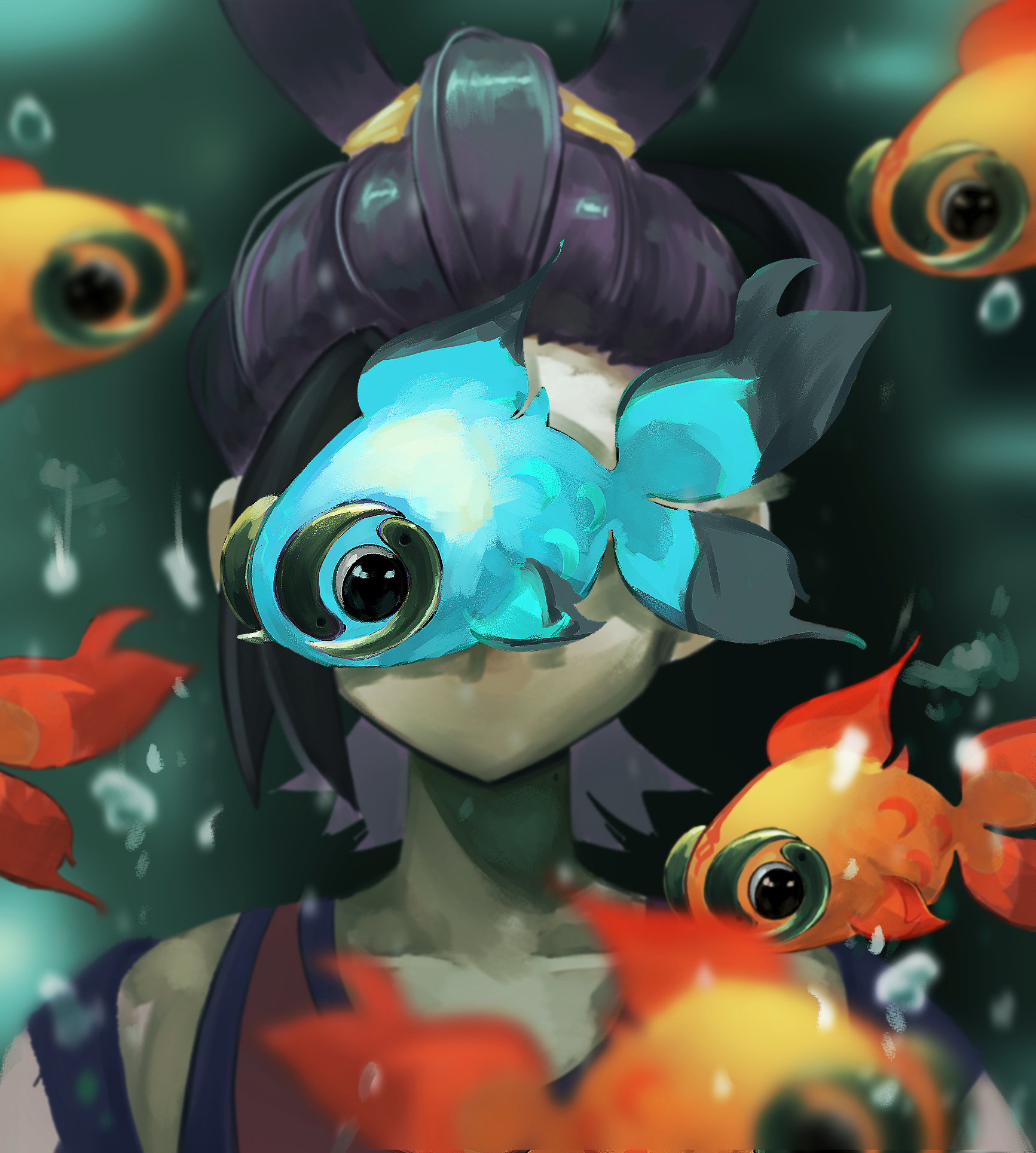 chi-yu (pokemon), kieran (pokemon), nintendo, pokemon, pokemon sv, highres, 1boy, agotaku12, air bubble, alternate color, beads, black hair, blueberry academy school uniform, bubble, covered face, facing viewer, fish, hair pulled back, hairband, jacket, male focus, multicolored hair, official alternate color, pokemon (creature), pokemon focus, purple hair, school uniform, shiny pokemon, topknot, underwater, white jacket, yellow hairband
