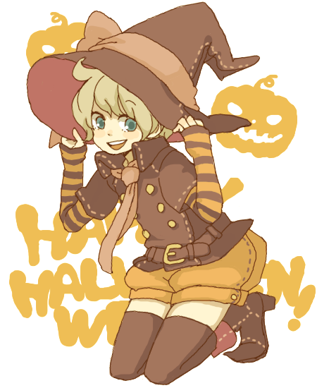 yukke, 1girl, belt, blonde hair, bloomers, blue eyes, female focus, halloween, happy halloween, hat, kneeling, necktie, short hair, shorts, solo, thighhighs, underwear, white background, witch hat