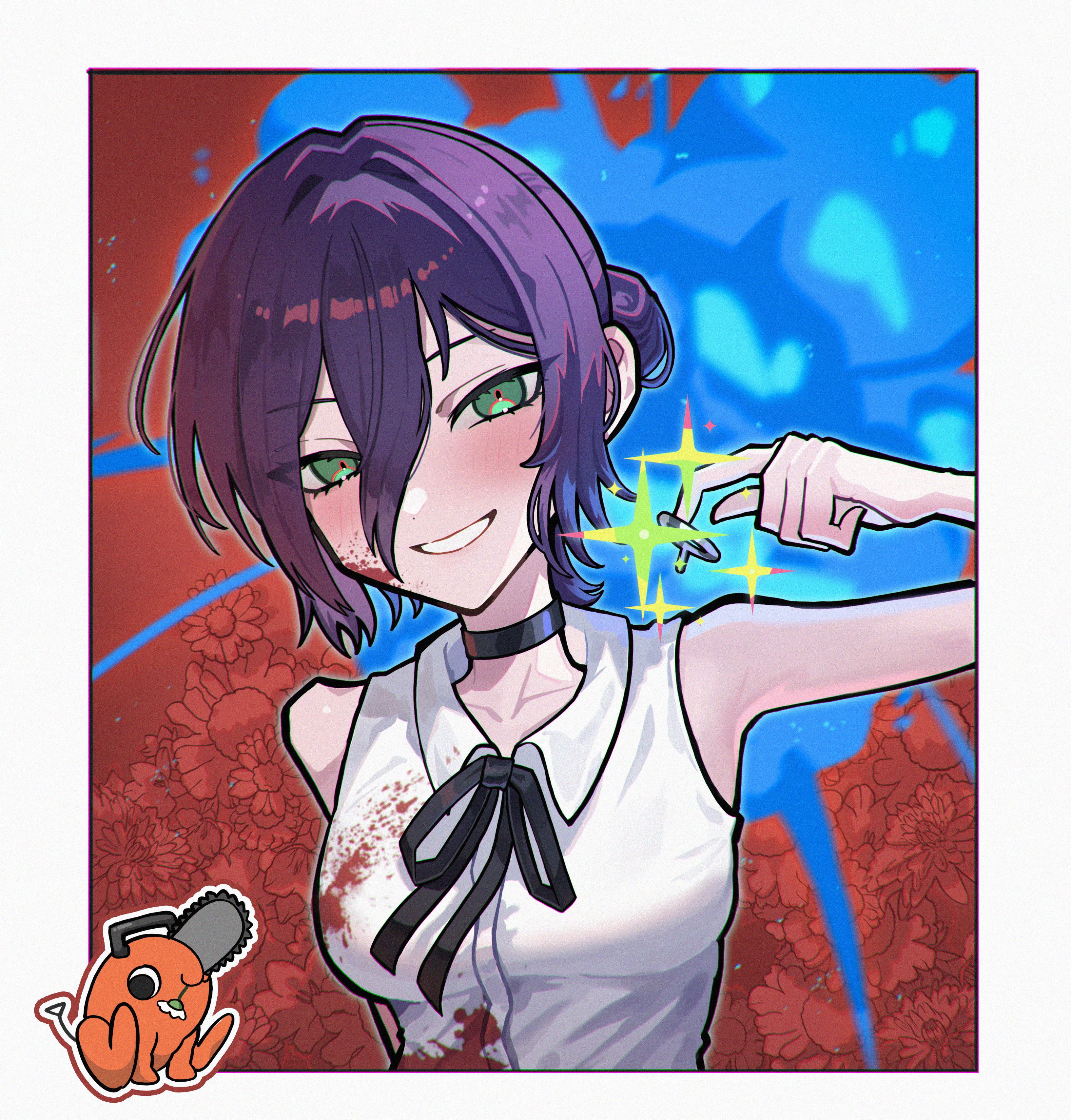 user nset2884, pochita (chainsaw man), reze (chainsaw man), chainsaw man, absurdres, highres, 1girl, black choker, black ribbon, blood, blood on clothes, blush, breasts, choker, explosion, explosion background, green eyes, grenade pin, grin, hair between eyes, hair bun, looking at viewer, medium breasts, neck ribbon, purple hair, ribbon, shirt, sleeveless, sleeveless shirt, smile, teeth, white shirt