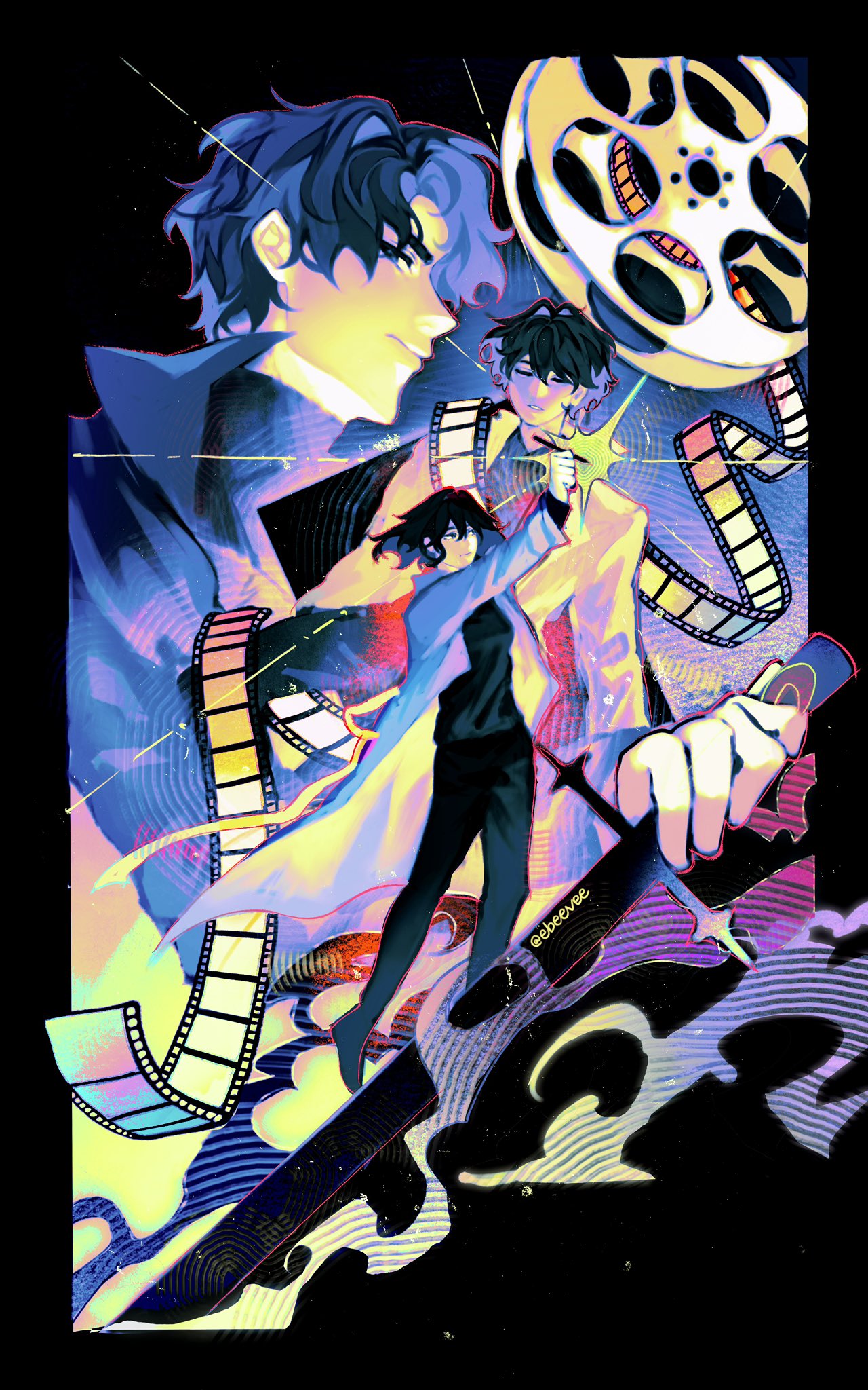 evie (baoxiao), yoo joonghyuk, omniscient reader's viewpoint, highres, 1girl, 2boys, abstract, black border, black coat, black eyes, black hair, bob cut, border, coat, film reel, floating, full body, glint, hand up, holding, holding pen, holding sword, holding weapon, multiple boys, open clothes, open coat, outside border, pen, popped collar, projector, saturated, serious, short hair, sparkle, sword, weapon, white coat