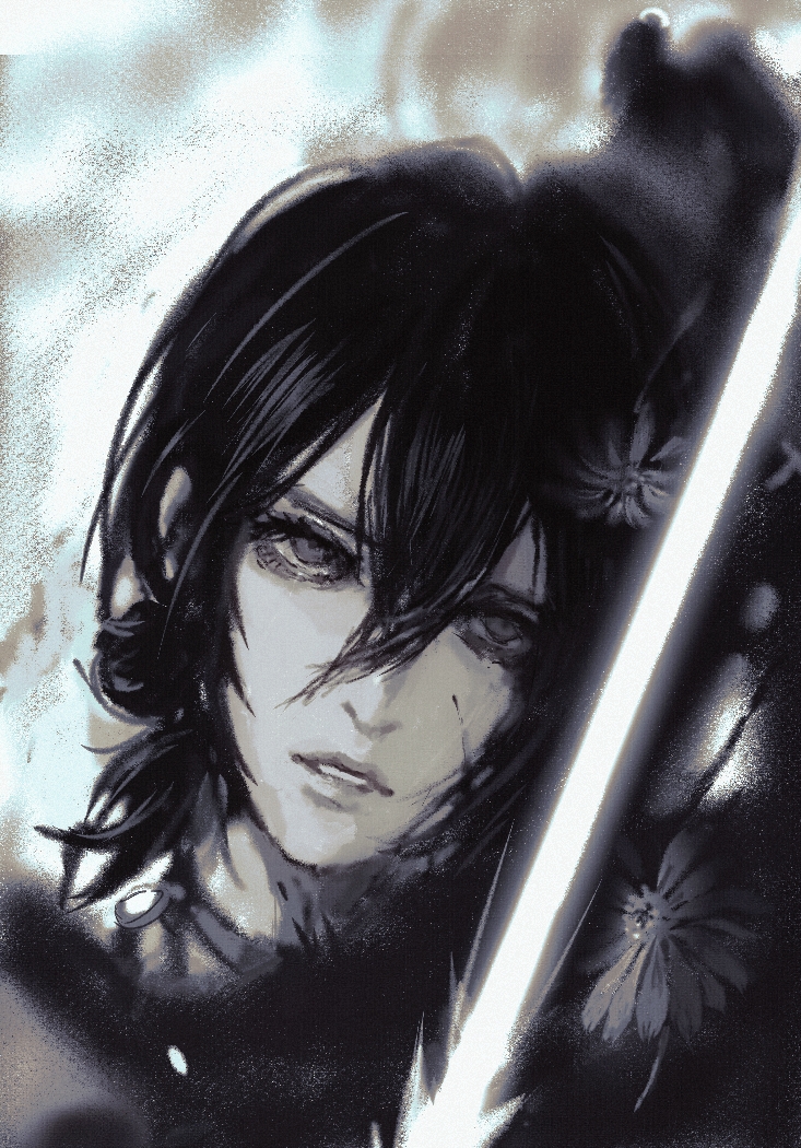 angel devil (chainsaw man), reze (chainsaw man), chainsaw man, 1boy, 1girl, blood, blood on face, choker, grenade pin, greyscale, hair between eyes, halo, implied death, looking at viewer, monochrome, parted lips, sad elm