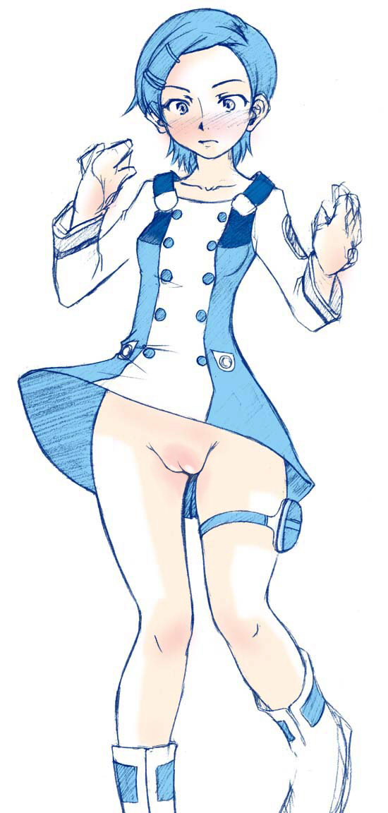 eureka (eureka seven), eureka seven, eureka seven (series), non-web source, 00s, 1girl, blue eyes, blue hair, blush, boots, dress, female focus, matching hair/eyes, no panties, pussy, short hair, solo, thigh strap, white boots, wind, wind lift