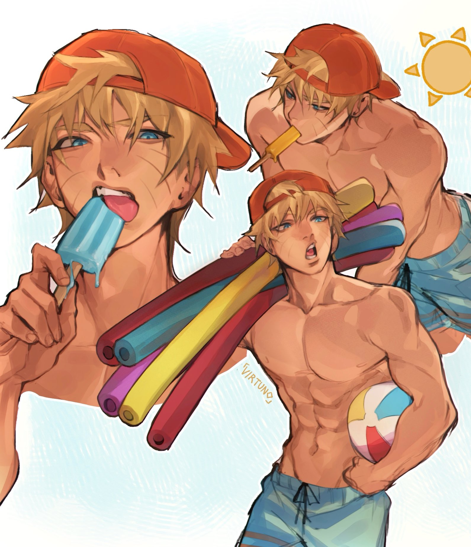virtuno, uzumaki naruto, naruto (series), commentary, english commentary, highres, 1boy, abs, alternate costume, artist name, backwards hat, ball, baseball cap, blonde hair, blue eyes, facial mark, food, hat, ice cream bar, male focus, melting, mouth hold, multiple views, navel, nipples, pectorals, pool noodle, popsicle, short hair, simple background, teeth, tongue, topless male, whisker markings, white background