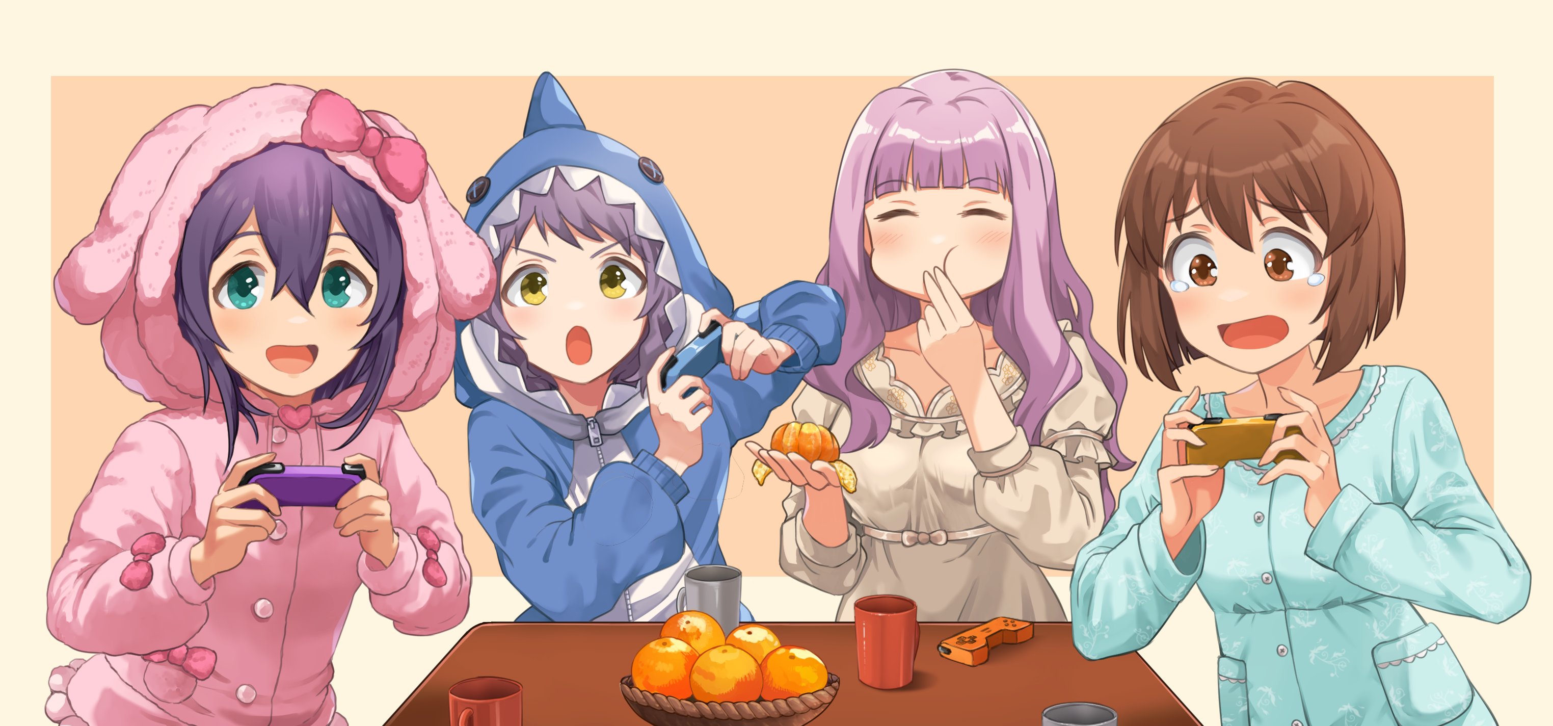 hanamasa ono, hagiwara yukiho, makabe mizuki, mochizuki anna, shijou takane, idolmaster, idolmaster (classic), idolmaster million live!, idolmaster million live! theater days, highres, 4girls, :o, animal hood, aqua eyes, aqua pajamas, blue pajamas, blunt bangs, blush, bob cut, border, bowl, brown eyes, brown hair, cheek bulge, closed eyes, collarbone, controller, cup, curtained hair, double-parted bangs, eating, food, fruit, fruit bowl, grey hair, holding, holding controller, holding food, holding fruit, hood, inverted bob, kotatsu, light blush, long hair, long sleeves, mug, multiple girls, nightgown, onesie, open mouth, orange (fruit), orange background, orange slice, outside border, pajamas, pink pajamas, pink ribbon, playing games, puffy long sleeves, puffy sleeves, purple hair, rabbit hood, ribbon, shark hood, short hair, smile, table, tears, v-shaped eyebrows, white border, white nightgown, yellow eyes