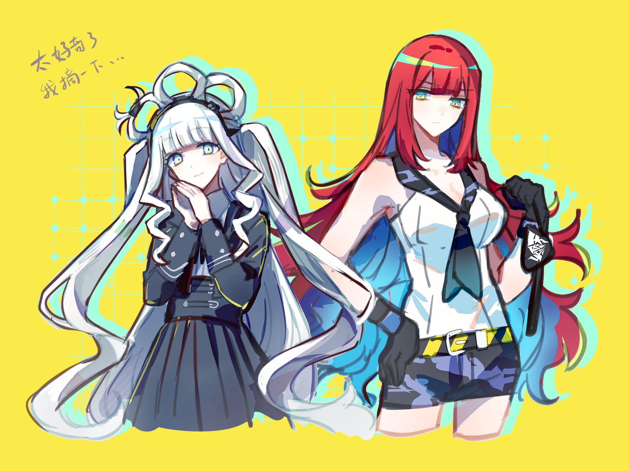 commentary request, highres, translation request, 2girls, belt, black belt, black gloves, black jacket, black neckerchief, black shorts, black skirt, blue eyes, blunt bangs, breasts, camouflage, camouflage shorts, drop shadow, gloves, grey eyes, hair rings, hand on own hip, hand up, hands up, holding eyepatch, honoka kokushikan, jacket, long hair, long sleeves, looking at viewer, manji fushicho, medium breasts, multiple girls, neckerchief, own hands together, red hair, ricordccc, shirt, shorts, shuten order, sidelocks, skirt, sleeveless, sleeveless shirt, smile, striped belt, two-tone belt, very long hair, white shirt, yellow background, yellow belt