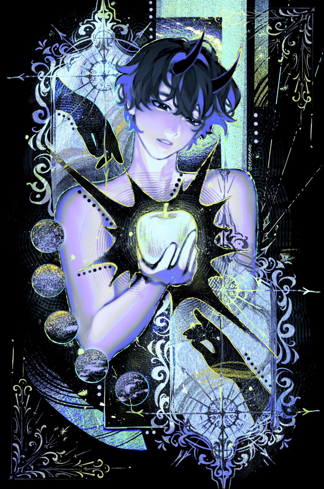 evie (baoxiao), kim dokja, omniscient reader's viewpoint, highres, 1boy, 2others, abstract, apple, black eyes, black hair, border, covering privates, demon horns, food, fruit, glowing, head tilt, holding, holding food, holding fruit, hole in chest, hole on body, horns, moon, multiple others, no shirt, official alternate costume, ornate border, outside border, outstretched hand, reaching, reaching towards another, short hair, underlighting