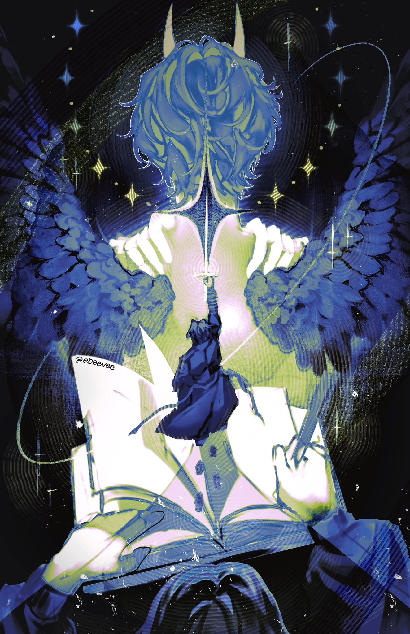 evie (baoxiao), han sooyoung, kim dokja, yoo joonghyuk, omniscient reader's viewpoint, highres, 1girl, 2boys, black coat, black hair, black wings, book, coat, demon horns, feathered wings, footprints, from above, hand on own shoulder, holding, holding pen, holding sword, holding weapon, horns, limited palette, multiple boys, official alternate costume, open book, pen, pov, short hair, size difference, sparkle, sword, weapon, wings, writing