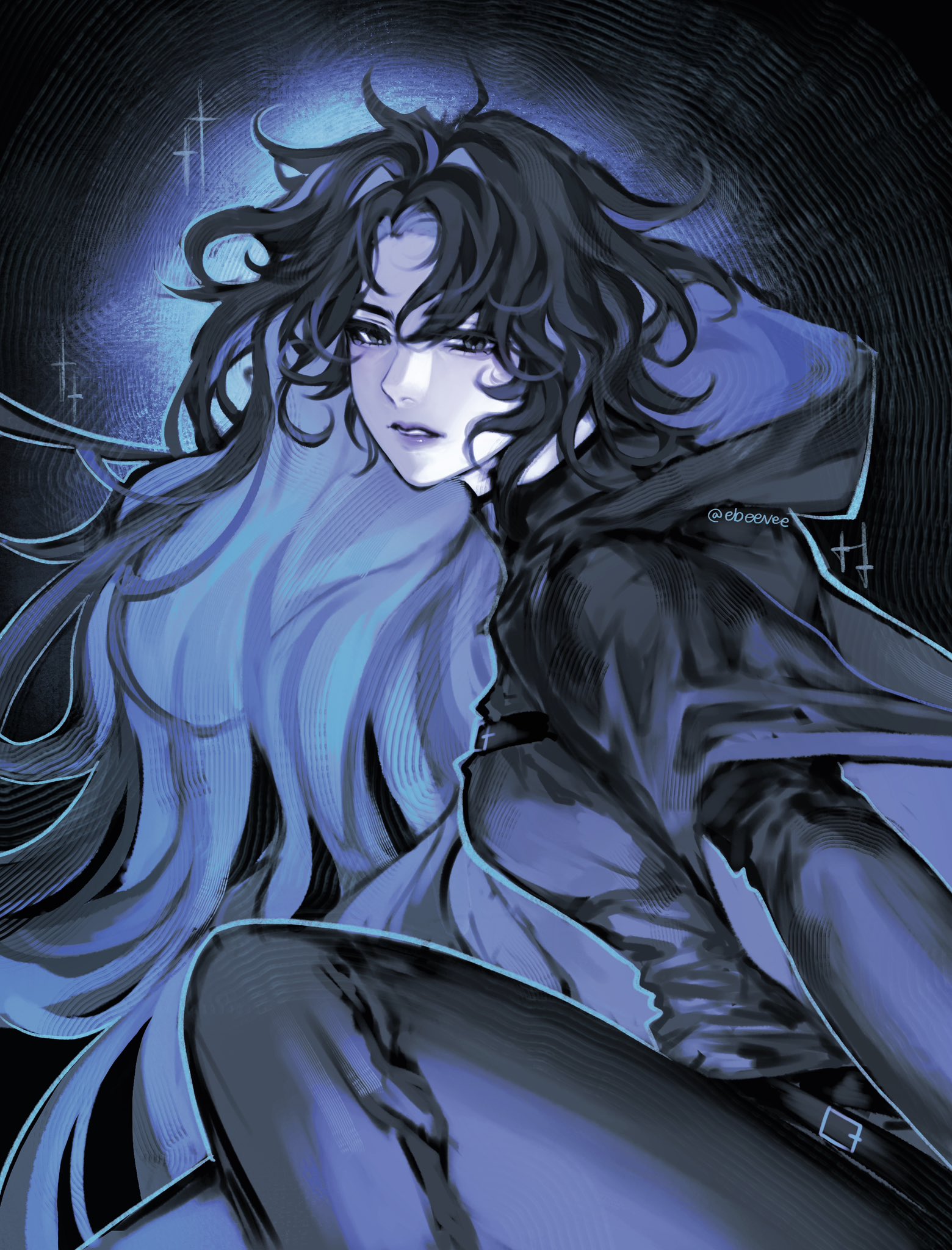 evie (baoxiao), yoo joonghyuk, omniscient reader's viewpoint, highres, 1girl, black eyes, black hair, black hoodie, breasts, colored inner hair, crew neck, expressionless, genderswap, genderswap (mtf), hair flowing over, hood, hood down, hoodie, knees up, long hair, looking at viewer, multicolored hair, official alternate costume, parted lips, solo, tight clothes, very long hair