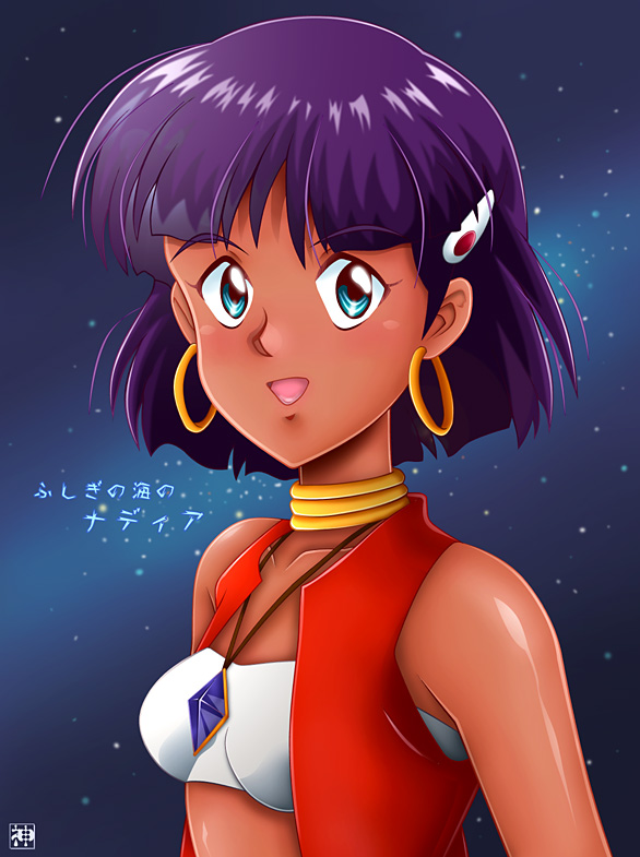 hatanokanna, kanna-chan to issho, nadia la arwall, fushigi no umi no nadia, 1990s (style), 1girl, bandeau, bare shoulders, blue eyes, dark-skinned female, dark skin, earrings, female focus, hair ornament, hairclip, jewelry, neck ring, necklace, purple hair, retro artstyle, short hair, solo, strapless, tube top, vest