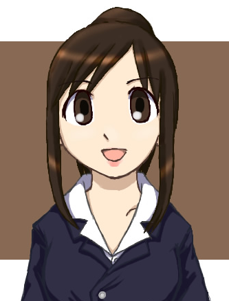 morichan, kasuga ayumu, azumanga daiou, lowres, 1girl, aged up, alternate hairstyle, brown eyes, brown hair, female focus, formal clothes, lipstick, long hair, makeup, office lady, pant suit, pants, ponytail, simple background, skirt, skirt suit, smile, solo, suit