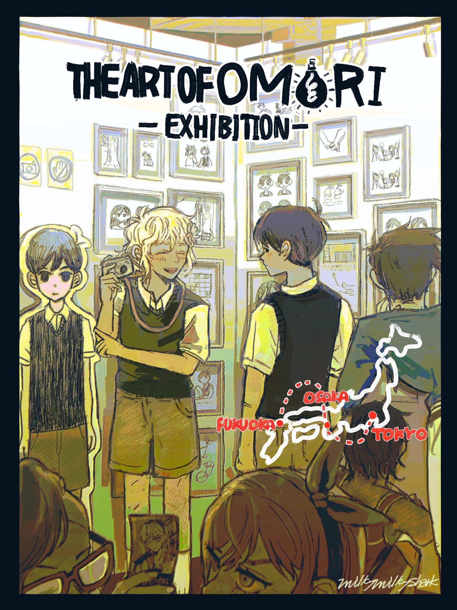 milkymilkyshark, aubrey (faraway) (omori), aubrey (omori), basil (faraway) (omori), basil (omori), hero (faraway) (omori), hero (omori), kel (faraway) (omori), kel (omori), kim (omori), mari (faraway) (omori), mari (omori), omori, highres, 2girls, 4boys, antenna hair, artist name, black border, black eyes, black hair, black sweater vest, blonde hair, blue eyes, blue hairband, blue sweater, blush, border, brothers, brown hair, brown shorts, camera, cardboard cutout, closed eyes, closed mouth, collared shirt, copyright name, dark-skinned male, dark skin, english text, flower, glasses, green sweater vest, hair flower, hair ornament, hairband, holding, holding camera, indoors, long sleeves, looking at another, multiple boys, multiple girls, open mouth, pink hair, rectangular eyewear, red-framed eyewear, shirt, short hair, short sleeves, shorts, siblings, smile, socks, sweater, sweater vest, teeth, upper teeth only, white shirt, white socks