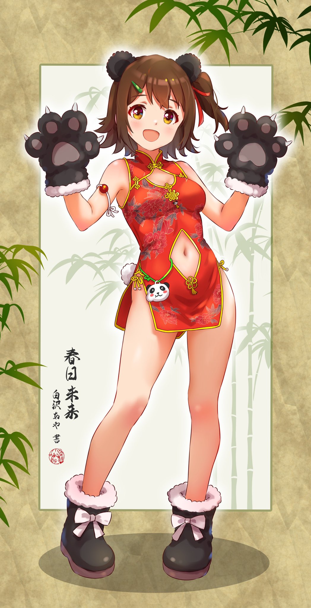 koaya, kasuga mirai, idolmaster, idolmaster million live!, highres, translation request, 1girl, :d, animal ears, animal hands, bear ears, black boots, blush, boots, bow, breasts, brown hair, china dress, chinese clothes, cleavage cutout, clothing cutout, dress, fake animal ears, floral print, floral print dress, footwear bow, full body, fur-trimmed boots, fur trim, gloves, hair ornament, hairclip, hands up, looking at viewer, microdress, navel cutout, one side up, open mouth, paw gloves, pelvic curtain, print dress, red dress, short hair, sleeveless, sleeveless dress, smile, solo, standing, yellow eyes