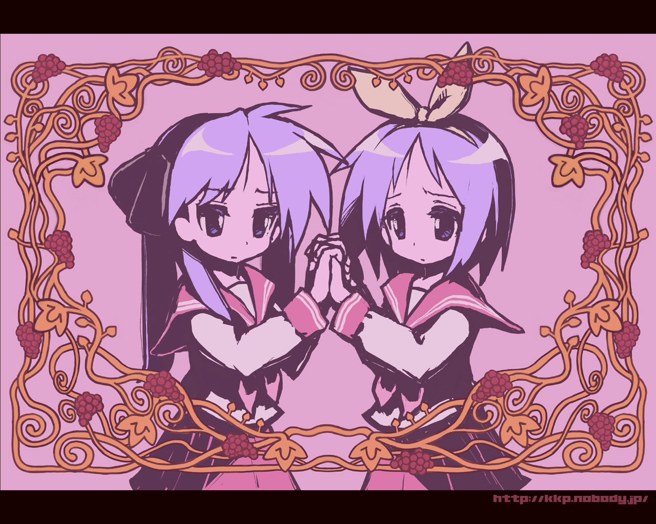 hiiragi kagami, hiiragi tsukasa, lucky star, bad id, bad pixiv id, 00s, blue eyes, holding hands, interlocked fingers, letterboxed, long hair, purple eyes, purple hair, school uniform, serafuku, short hair, siblings, sisters, symmetry, twins, twintails, watermark, web address
