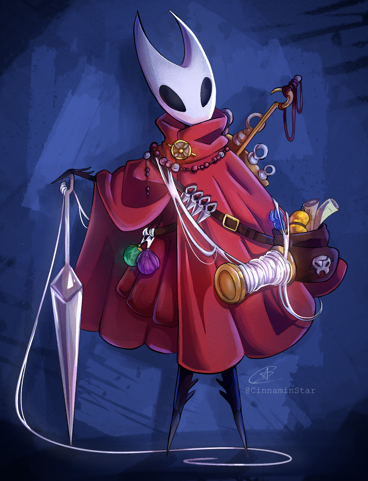 hornet (hollow knight), hollow knight, hollow knight: silksong, commentary, english commentary, highres, 1girl, arthropod girl, artist name, bead necklace, beads, black skin, cinnaminstar, cloak, colored skin, hollow eyes, horned mask, jewelry, map, mask, necklace, needle (hollow knight), pin (hollow knight), red cloak, signature, solo, thread, tool (hollow knight), weapon, white mask