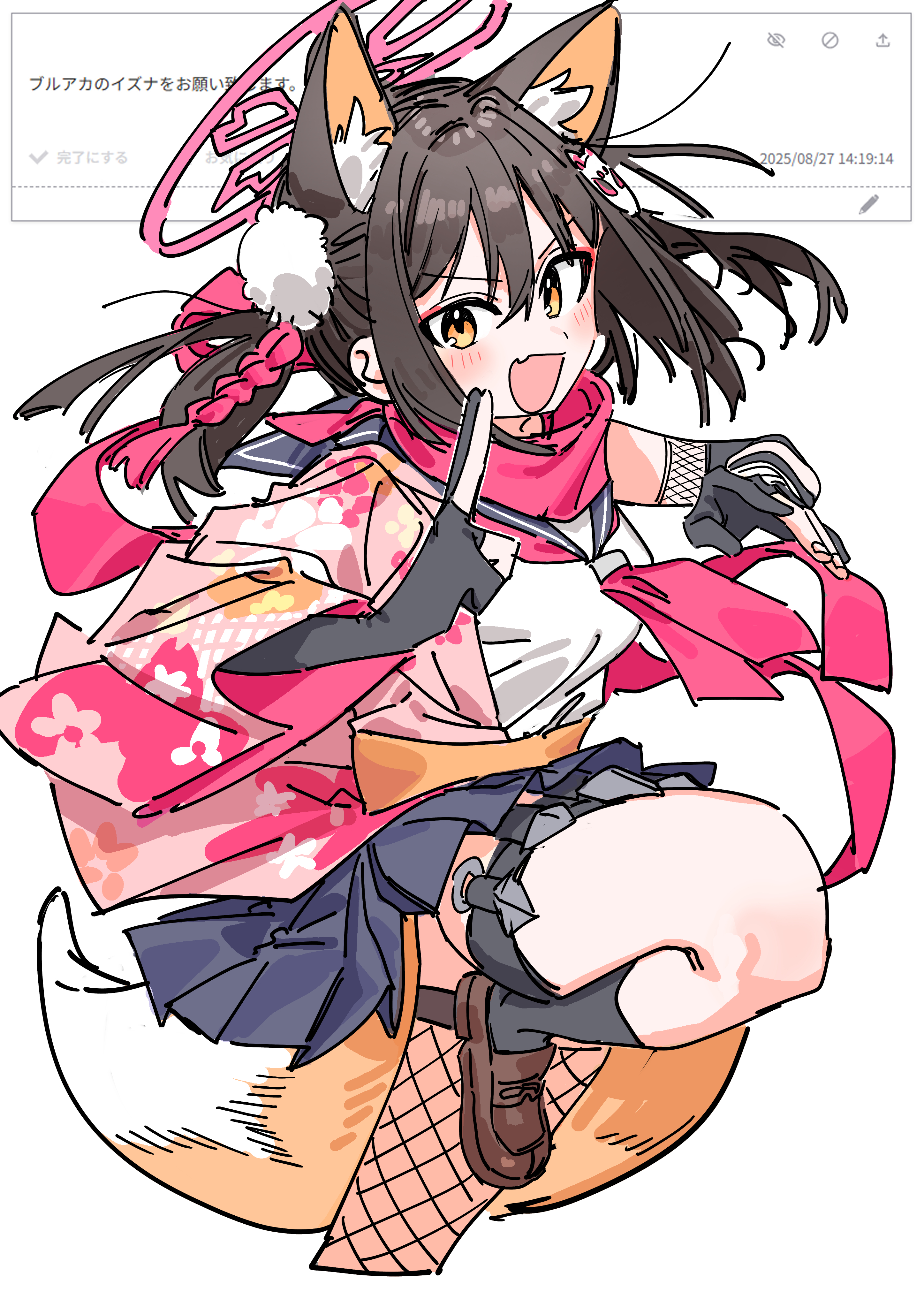 haruyuki (gffewuoutgblubh), izuna (blue archive), blue archive, absurdres, highres, 1girl, :d, animal ear fluff, animal ears, black gloves, black socks, blue sailor collar, blue skirt, breasts, brown hair, brown shoes, cowboy shot, elbow gloves, extra ears, eyeshadow, fang, fishnet thighhighs, fishnets, fox ears, fox girl, fox hair ornament, fox tail, gloves, hair between eyes, hair ornament, halo, kunai, loafers, long hair, looking at viewer, makeup, medium breasts, neckerchief, one side up, open mouth, orange eyes, partially fingerless gloves, pink eyeshadow, pink halo, pink neckerchief, pink scarf, pleated skirt, pom pom (clothes), pom pom hair ornament, sailor collar, scarf, school uniform, serafuku, shirt, shoes, sidelocks, simple background, single thighhigh, sketch, skin fang, skirt, smile, socks, solo, straight hair, tail, thigh strap, thighhighs, thighs, v-shaped eyebrows, weapon, white background, white shirt