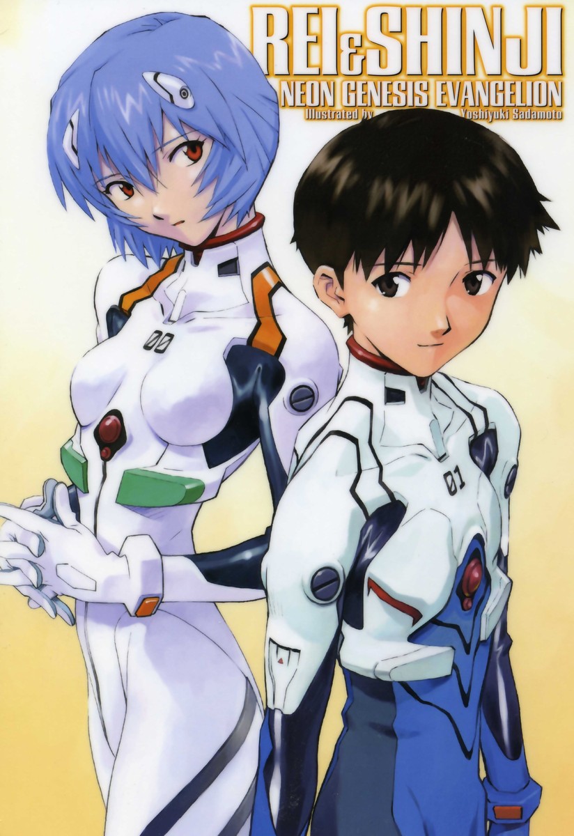 sadamoto yoshiyuki, ayanami rei, ikari shinji, neon genesis evangelion, neon genesis evangelion (manga), highres, non-web source, official art, 1boy, 1girl, androgynous, blue hair, bodysuit, brown eyes, interface headset (evangelion), mecha pilot suit, plugsuit (evangelion), red eyes, short hair