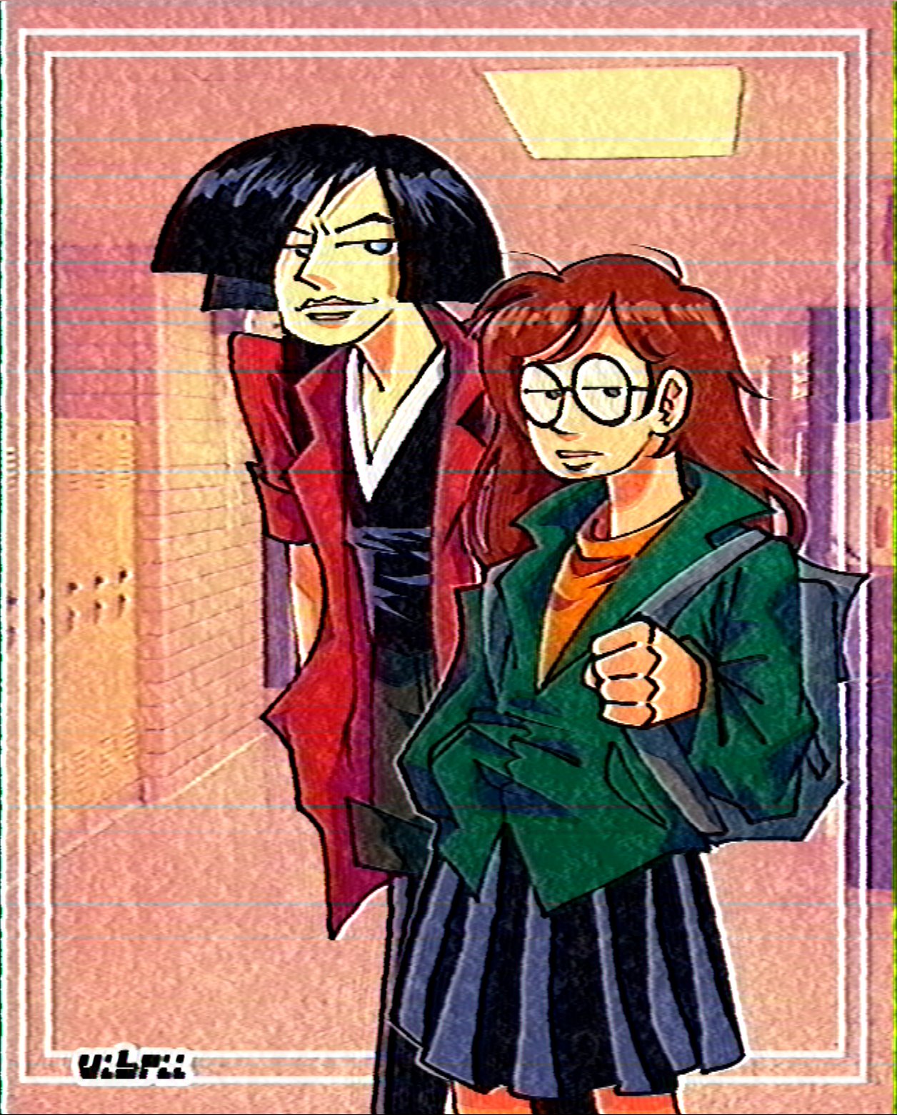 capsule (capsulecomputrz), daria, commentary, english commentary, highres, 2girls, backpack, bag, black hair, black pantyhose, black shirt, black shorts, black skirt, brown hair, closed mouth, daria morgendorffer, green jacket, jacket, jane lane (daria), leaning forward, locker, long hair, long sleeves, looking at viewer, multiple girls, open clothes, open shirt, orange shirt, pantyhose, pleated skirt, red shirt, round eyewear, school, shirt, short hair, shorts, skirt, sleeves rolled up, smile, v-neck, vhs artifacts