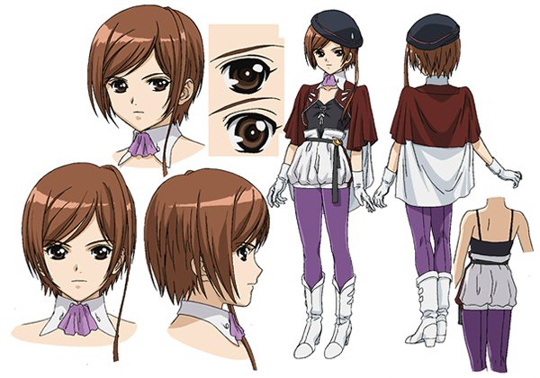 lydia (tytania), tytania, concept art, 1girl, ascot, belt, brown eyes, brown hair, expressionless, looking at viewer, multiple views, pantyhose, purple pantyhose, skirt, standing, white skirt
