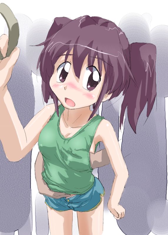 tanada-bon, asou natsumi, sketchbook full colors, 00s, 1girl, blush, breasts, brown eyes, brown hair, chikan, clothes lift, embarrassed, grabbing another's breast, groping, hand grip, hand under clothes, hand under shirt, holding hand grip, molestation, no bra, purple hair, shirt, shirt lift, short shorts, shorts, side slit, side slit shorts, small breasts, solo focus, standing, tank top, train, train interior, twintails