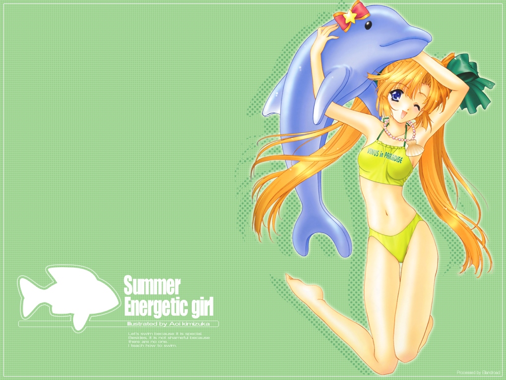 kimizuka aoi, non-web source, armpits, barefoot, bikini, blonde hair, blue eyes, dolphin, english text, engrish text, inflatable raft, jewelry, long hair, necklace, one eye closed, ranguage, solo, swimsuit, twintails, wink, yellow bikini