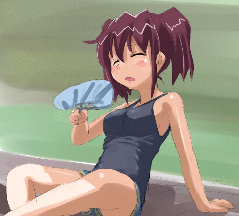 asou natsumi, sketchbook full colors, non-web source, 00s, 1girl, brown hair, closed eyes, female focus, hand fan, paper fan, purple hair, short hair, shorts, solo, tank top, twintails, uchiwa