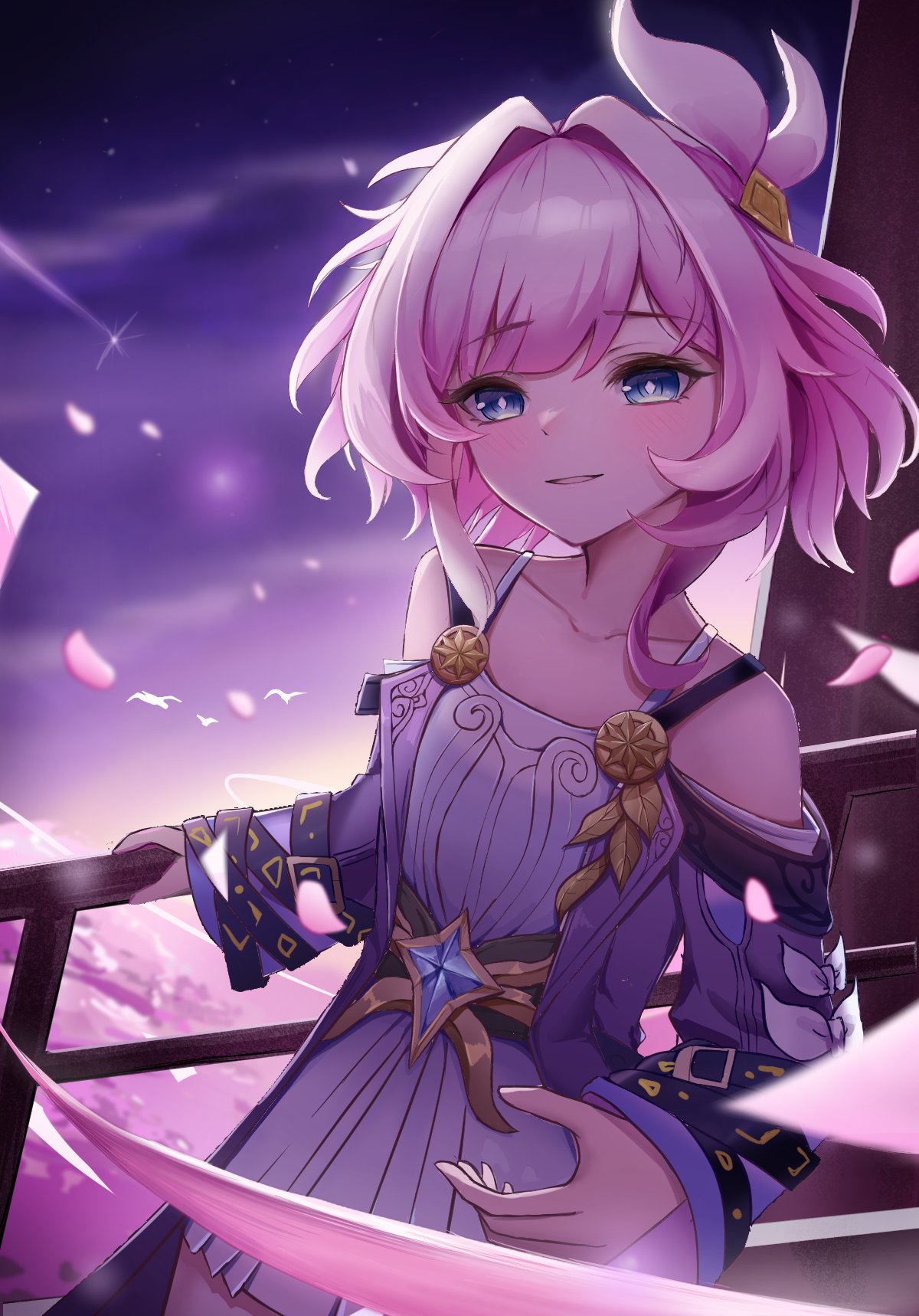 cyrene (honkai: star rail), honkai: star rail, honkai (series), hashtag-only commentary, highres, 1girl, bare shoulders, blue eyes, breasts, coat, cyrene (aedes elysiae) (honkai: star rail), dress, falling petals, hair ornament, mohua (mocha25109), night, night sky, parted lips, petals, pink hair, purple coat, short hair, sky, small breasts, solo, white dress