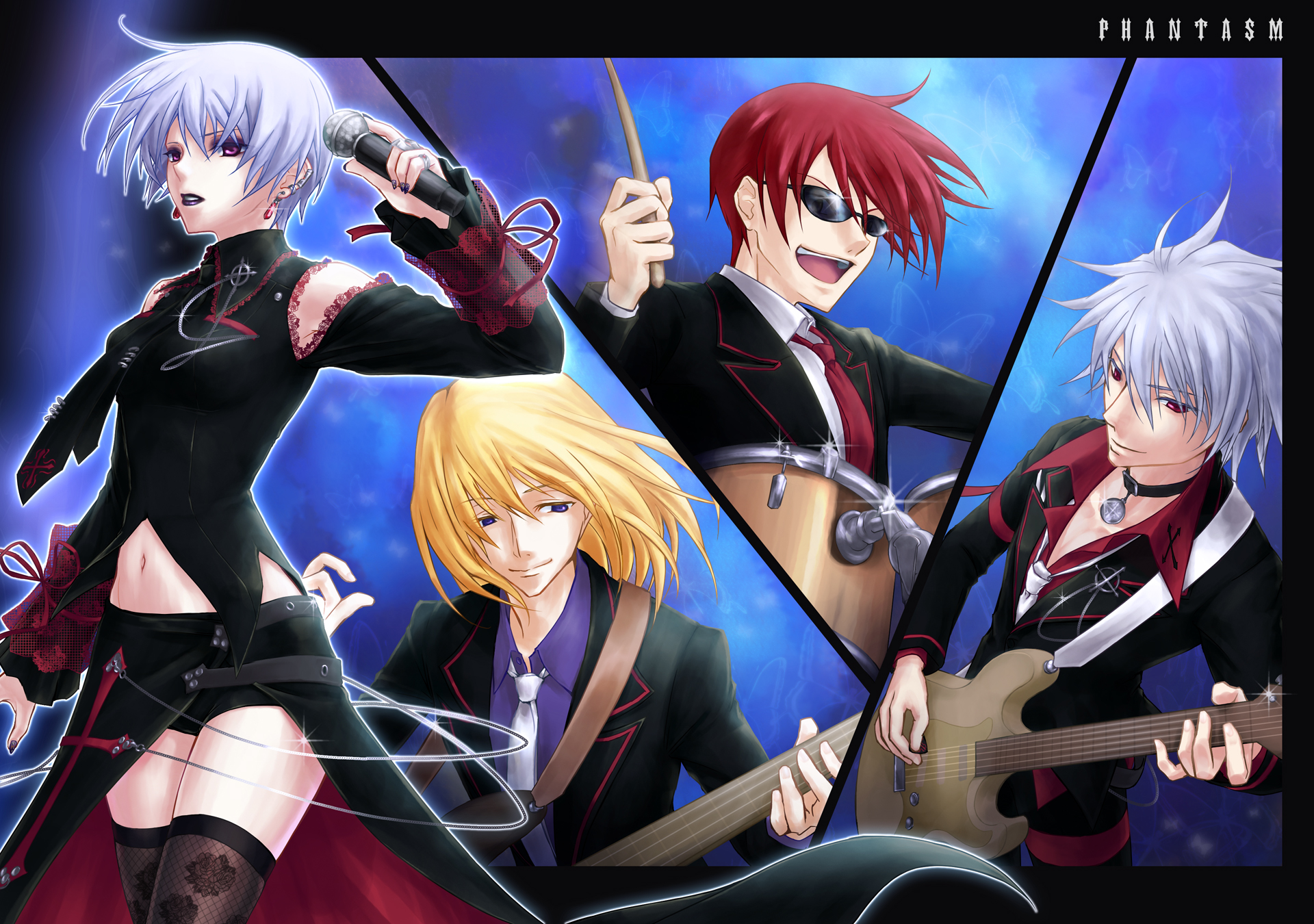 robber-krzk, kishimoto ayase, chaos;head, phantasm, science adventure, highres, 1girl, 3boys, aiguillette, bassist (phantasm), belted skirt, black boots, black dress, black thighhighs, blue hair, boots, breasts, celtic cross, collared shirt, concert, corset, cross, cross-laced clothes, cross-laced skirt, cross pendant, cross print, detached sleeves, dress, drummer (phantasm), earrings, electric guitar, floral print, frilled corset, frills, goth fashion, gothic punk, guitar, holding, holding guitar, holding instrument, holding microphone, huge weapon, instrument, jacket, jewelry, lace-trimmed wrist cuffs, lace bikini, lace trim, lapels, makeup, microphone, midriff, multiple boys, music, navel, open collar, open mouth, outstretched arm, peaked lapels, purple eyes, purple lips, red cross, red hair, red ribbon, red shirt, red trim, ribbon, round eyewear, ryo (chaos;head), shirt, short hair, singing, skirt, small breasts, standing, sunglasses, thighhighs, weapon, wrist cuffs