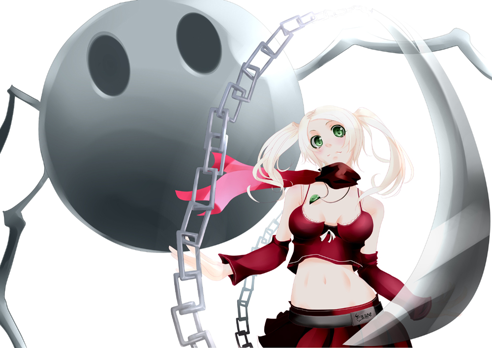 tsuka (blind side), pixiv shadow, chain, detached sleeves, green eyes, jewelry, midriff, necklace, solo, twintails, weapon, white hair