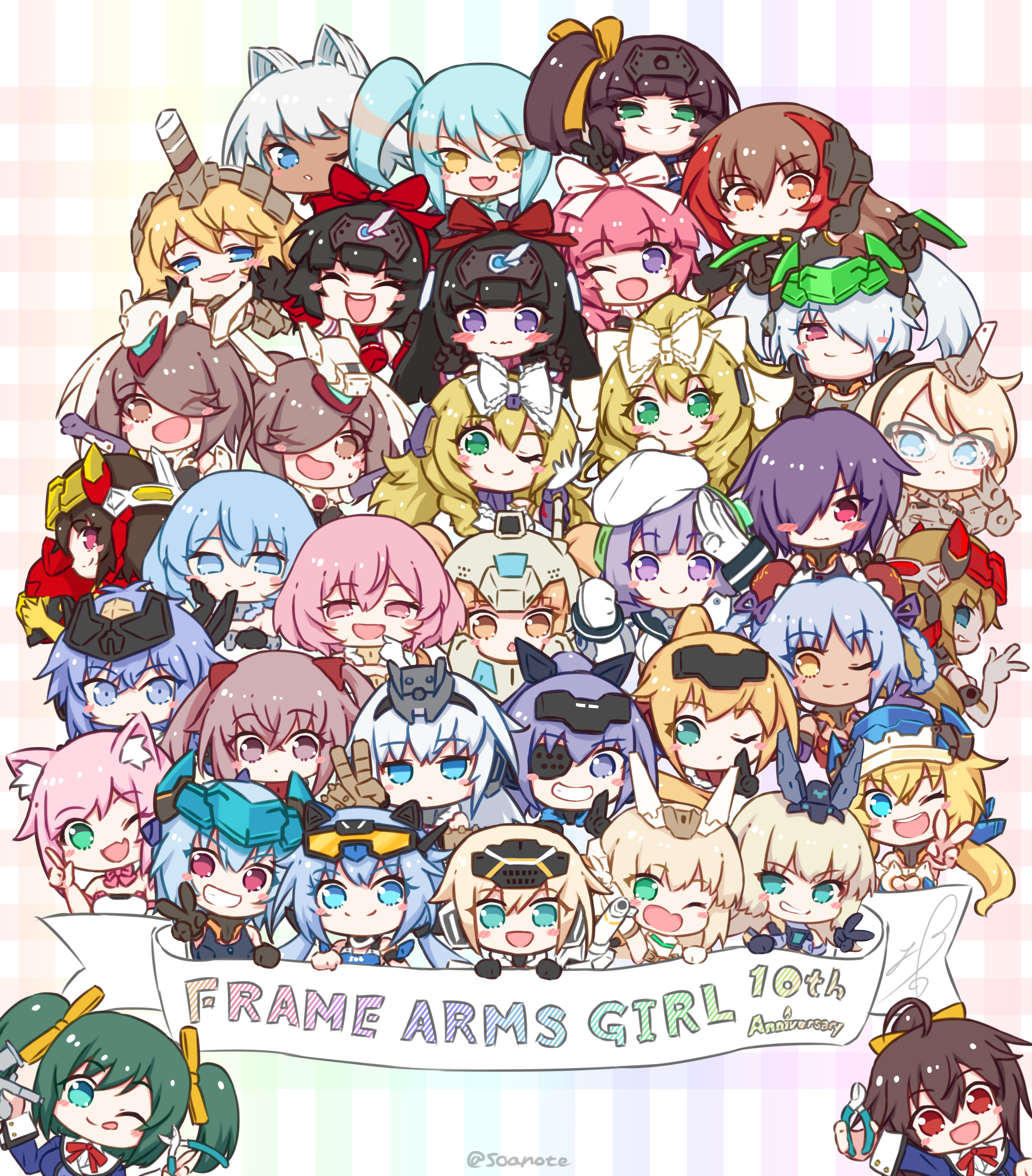 soanote, architect (frame arms girl), baselard, gennai ao, greifen, hresvelgr, hresvelgr ater, innocentia, jinrai (frame arms girl), kongou (frame arms girl), kotobuki bukiko, magatsuki, materia (frame arms girl), materia kuro, materia shiro, stylet, frame arms girl, absurdres, character request, check character, commentary request, highres, 6+girls, ahoge, animal ears, anniversary, ayatsuki (frame arms girl), baihu (frame arms girl), black gloves, black hair, blonde hair, blue eyes, blush stickers, bow, brown hair, bun cover, byakko (frame arms girls), copyright name, double bun, durga (frame arms girl), durga ii (frame arms girl), everyone, eyepatch, glasses, gloves, green eyes, green hair, hair bow, hair bun, hair over one eye, hat, holding, hresvelgr cornix, hresvelgr rufus, izumo (frame arms girl), kagutsuchi (frame arms girl), laetitia (frame arms girl), multicolored hair, multiple girls, one eye closed, open mouth, pink bow, pink eyes, pink hair, purple eyes, purple hair, red bow, red eyes, red hair, school uniform, shadow tiger (frame arms girl), simple background, smile, twintails, two-tone hair, v, white bow, white gloves, wilber nine (frame arms girl), wire cutters, zero tortoise