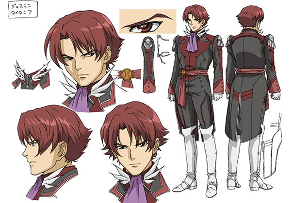 jouslain tytania, tytania, concept art, 1boy, armor, armored boots, boots, knee boots, long sleeves, looking at viewer, male focus, military, military uniform, multiple views, red hair, upper body