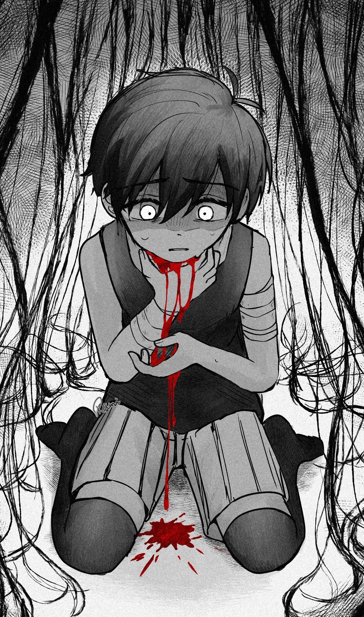 rami 1300, omori (omori), omori, highres, 1boy, antenna hair, bandaged arm, bandages, blood, blood on hands, blood splatter, closed mouth, double-parted bangs, greyscale, hair between eyes, monochrome, seiza, short hair, shorts, sitting, solo, spot color, striped clothes, striped shorts, sweat, tank top, thighhighs, vertical-striped clothes, vertical-striped shorts