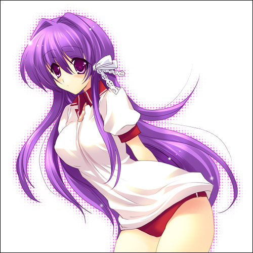 fujibayashi kyou, clannad, lowres, 00s, buruma, gym uniform, long hair, purple eyes, purple hair