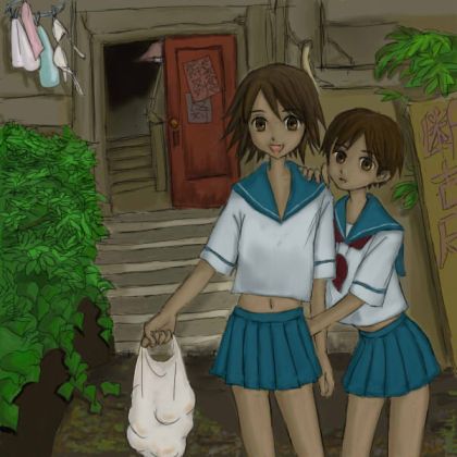 sekiutsu maria tarou, sayonara zetsubou sensei, lowres, non-web source, 00s, bag, brown eyes, brown hair, dark-skinned female, dark skin, groceries, laundry, midriff, school uniform, serafuku, short hair, stairs