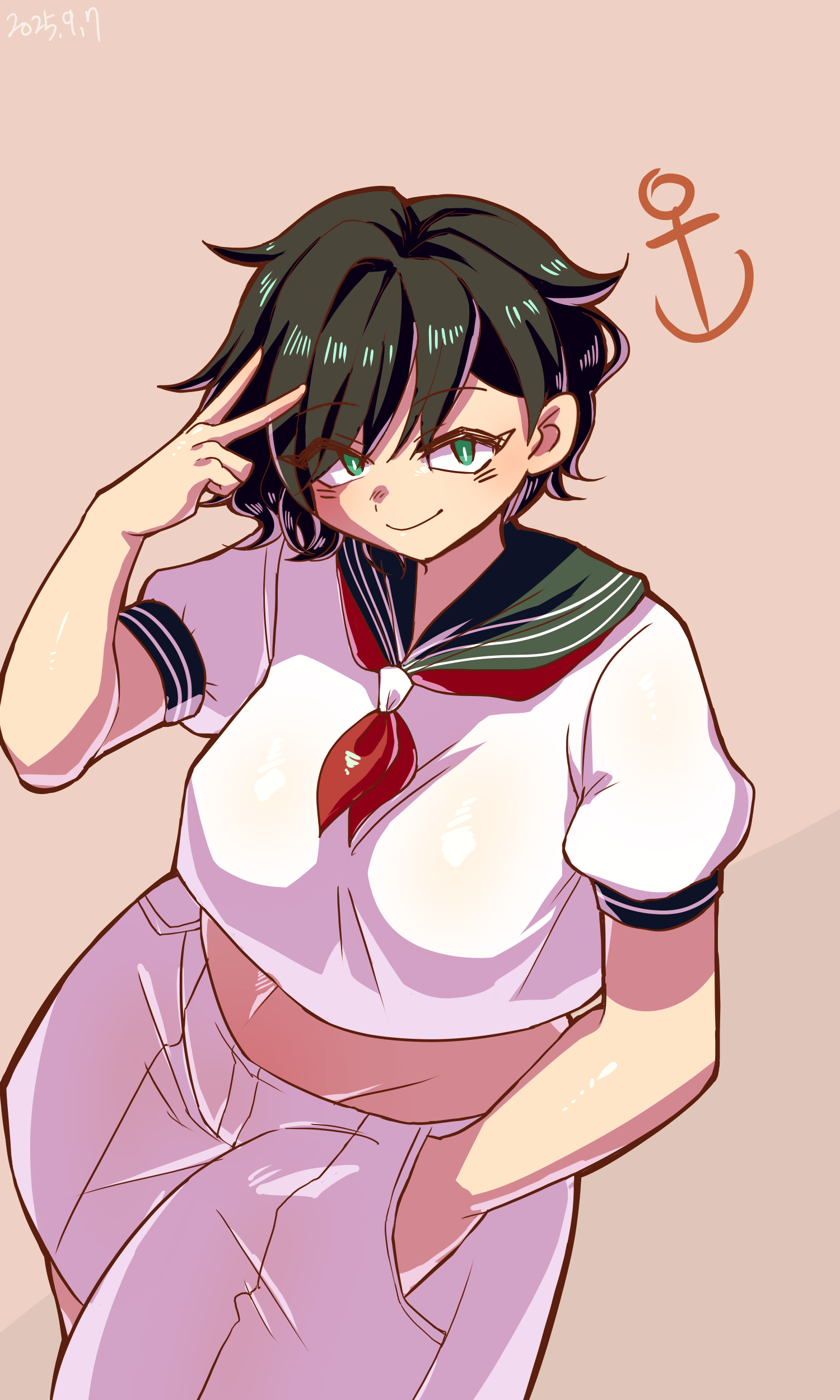 bulletcamera, murasa minamitsu, touhou, absurdres, highres, 1girl, anchor symbol, black hair, breasts, brown background, collared shirt, cowboy shot, dutch angle, green eyes, hand in pocket, large breasts, looking at viewer, midriff, neckerchief, no headwear, red neckerchief, shirt, short hair, short sleeves, shorts, smile, v, white shirt, white shorts