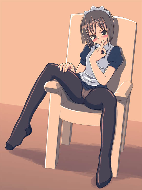 kimarin, non-web source, 1girl, apron, blush, brown hair, chair, clothes lift, feet, female focus, maid, maid apron, on chair, panties, panties under pantyhose, pantyhose, short hair, skirt, skirt lift, solo, spread legs, underwear