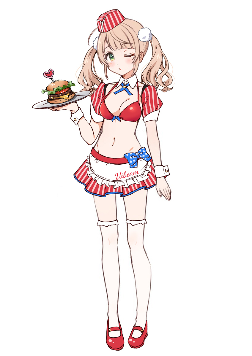 rariemonn, shigure ui (vtuber), indie virtual youtuber, commentary request, highres, 1girl, alternate costume, apron, bikini, bikini top only, blonde hair, breasts, burger, cleavage, detached collar, food, full body, green eyes, hair ornament, hand up, hat, holding, holding plate, long hair, looking at viewer, medium breasts, miniskirt, navel, one eye closed, parted lips, plate, pleated skirt, pom pom (clothes), pom pom hair ornament, red bikini, red hat, red shoes, red shrug, shoes, short sleeves, shrug (clothing), simple background, skirt, solo, standing, stomach, striped clothes, striped hat, striped skirt, swimsuit, twintails, vertical-striped clothes, vertical-striped skirt, virtual youtuber, waist apron, white background