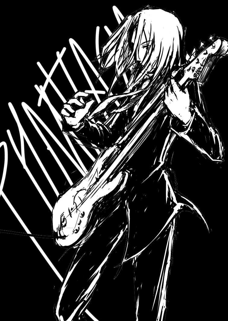 robber-krzk, chaos;head, phantasm, science adventure, 1boy, bass guitar, bassist (phantasm), black background, black jacket, black pants, copyright name, floating neckwear, greyscale, guitar, instrument, jacket, long hair, long sleeves, male focus, monochrome, music, pants, playing instrument, short hair, solo, weapon