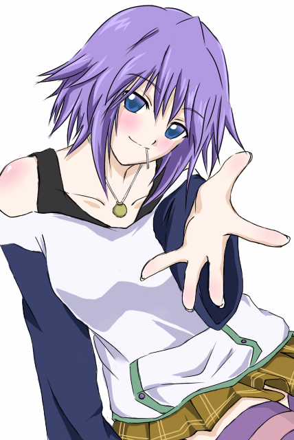 ryokucha, shirayuki mizore, rosario+vampire, tagme, 00s, 1girl, blue eyes, blush, female focus, purple hair, short hair, solo, thighhighs