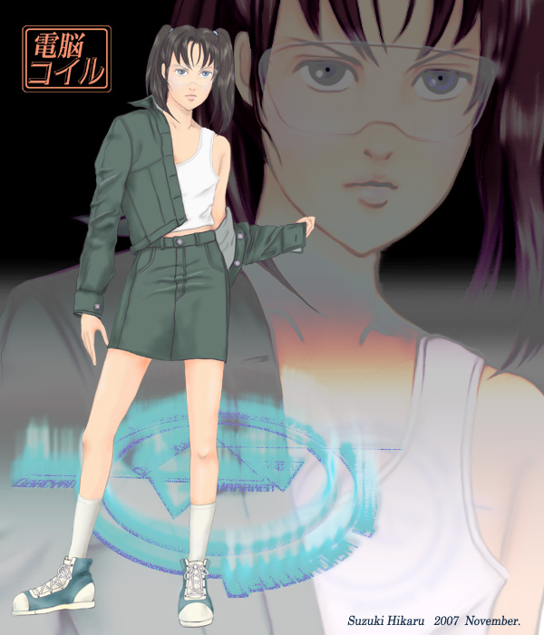 suzuki hikaru, amasawa yuuko, dennou coil, 00s, 1girl, brown eyes, brown hair, female focus, glasses, jacket, pencil skirt, skirt, solo, tank top, twintails