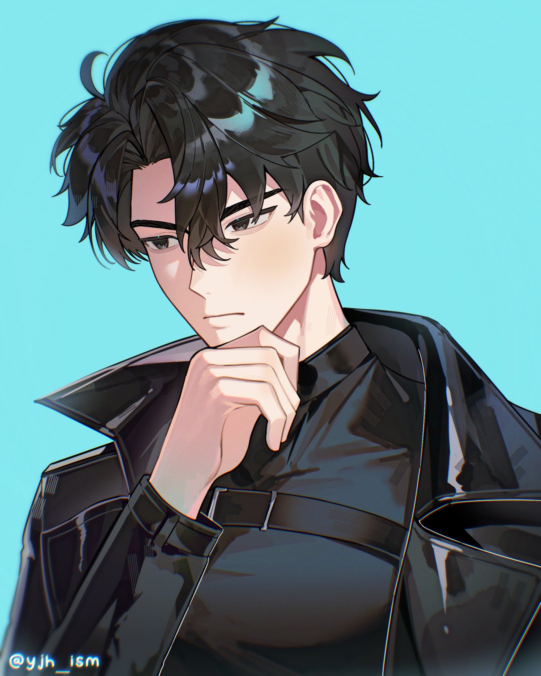 yoo joonghyuk, omniscient reader's viewpoint, highres, 1boy, ahoge, black coat, black eyes, black hair, coat, crew neck, curtained hair, hair between eyes, hand on own chin, male focus, open clothes, open coat, popped collar, short hair, solo, thinking, upper body, yjh ism