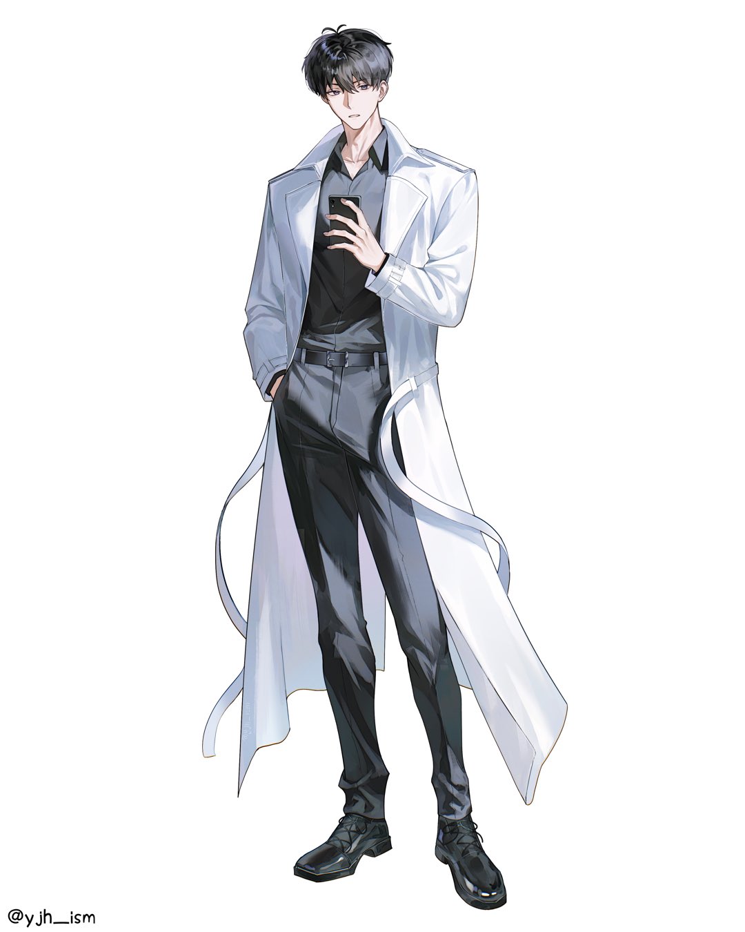 kim dokja, omniscient reader's viewpoint, commentary, english commentary, highres, 1boy, black eyes, black hair, black shirt, coat, collared shirt, contrapposto, expressionless, full body, hand in pocket, holding, holding phone, male focus, open clothes, open coat, phone, popped collar, shirt, short hair, solo, standing, white coat, yjh ism