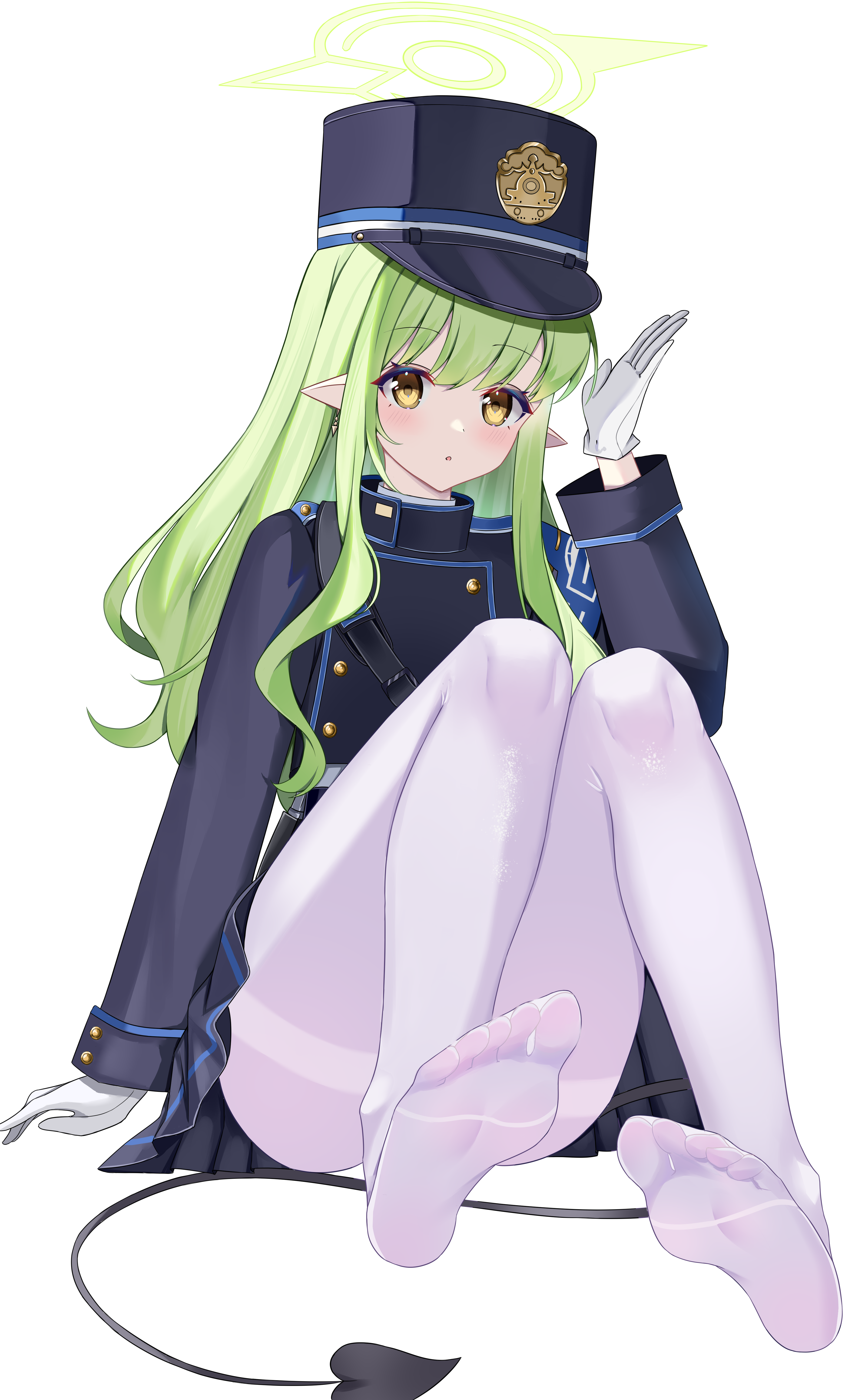 listjoy, hikari (blue archive), blue archive, absurdres, chinese commentary, commentary, highres, :o, arm at side, armband, black hat, black jacket, black skirt, blue armband, blush, buttons, convenient leg, demon girl, demon tail, double-breasted, earrings, eyelashes, eyes visible through hair, feet, full body, gloves, green hair, green halo, hair between eyes, halo, hand up, hat, jacket, jewelry, knees together feet apart, knees up, legs, long hair, long sleeves, looking at viewer, miniskirt, no shoes, open hand, open mouth, pantyhose, peaked cap, pleated skirt, pointy ears, sidelocks, simple background, sitting, skirt, soles, tail, thighband pantyhose, thighs, toes, wavy hair, white background, white gloves, white pantyhose, yellow eyes