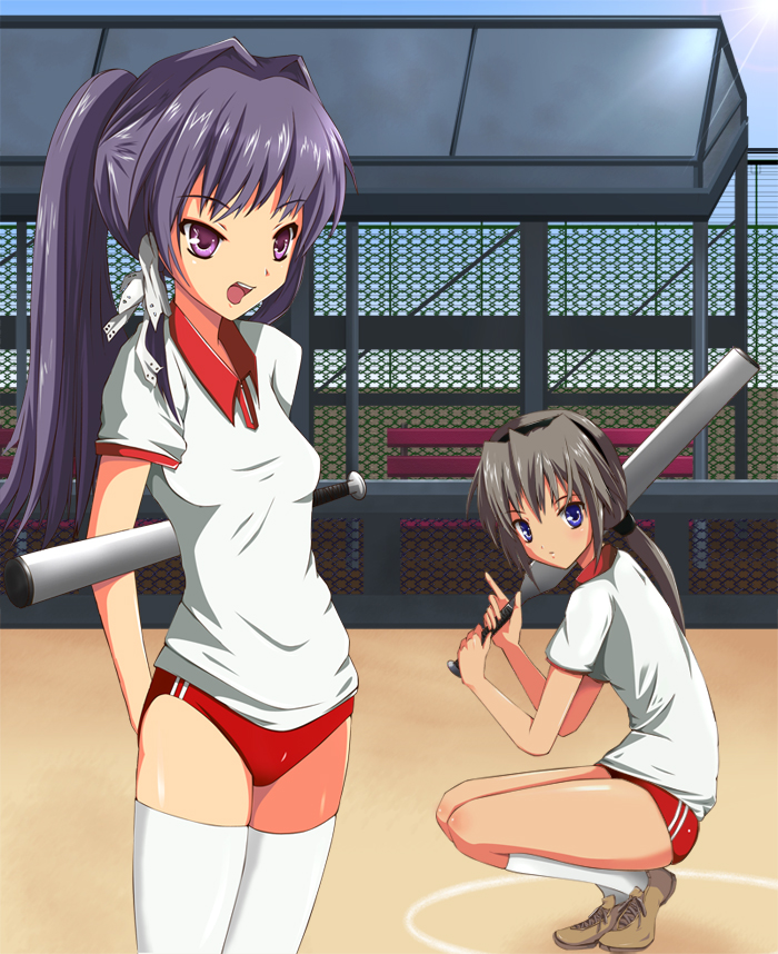 sahare, fujibayashi kyou, sakagami tomoyo, clannad, silver hair, bad id, bad pixiv id, 00s, baseball bat, blue eyes, buruma, gym uniform, long hair, ponytail, purple eyes, purple hair, thighhighs