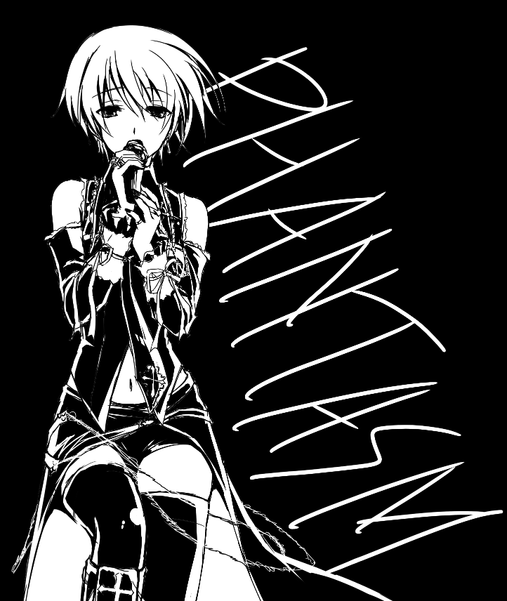 robber-krzk, kishimoto ayase, chaos;head, phantasm, science adventure, clothing request, 1girl, black background, black thighhighs, clothing cutout, detached sleeves, frilled cuffs, goth fashion, greyscale, halterneck, holding, holding microphone, latex, latex sleeves, latex thighhighs, microphone, monochrome, music, navel, navel cutout, short hair, singing, sitting, solo, thighhighs