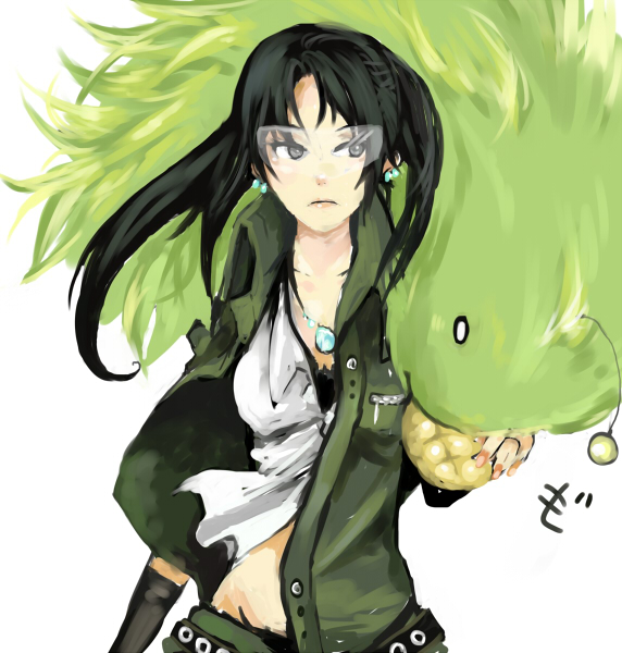 uzaki (jiro), zuro, amasawa yuuko, mojo (dennou coil), dennou coil, bad id, bad pixiv id, 00s, 1girl, aged up, belt, black hair, bread, brown eyes, earrings, female focus, food, glasses, jacket, jewelry, long hair, melon bread, midriff, necklace, solo, torn clothes, twintails