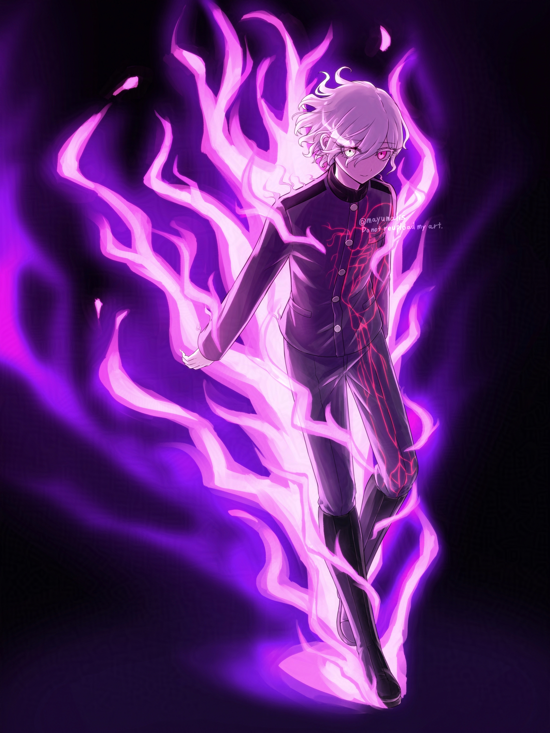 shion (hundred line), the hundred line -last defense academy-, absurdres, commentary, highres, symbol-only commentary, 1boy, black background, black boots, black jacket, black pants, boots, eyes visible through hair, fire, full body, gakuran, glowing veins, hair over one eye, heterochromia, jacket, long sleeves, looking at viewer, male focus, mayumalis, pants, pink eyes, pink fire, school uniform, short hair, smile, solo, white eyes, white hair