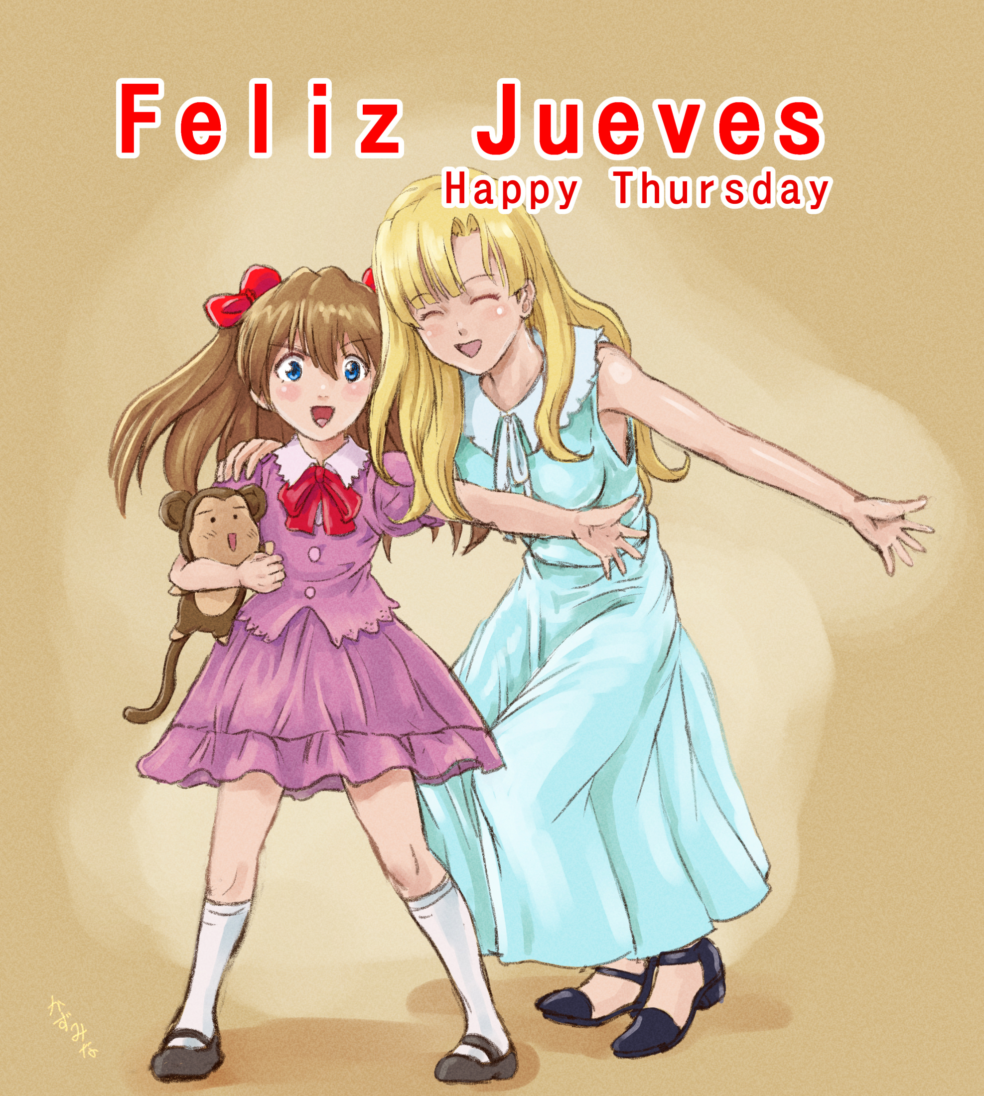kazumina, souryuu asuka langley, souryuu kyouko zeppelin, neon genesis evangelion, highres, 2girls, age difference, aged down, alternate universe, arm on another's shoulder, bare arms, blonde hair, blue eyes, blue shirt, bow, breasts, brown hair, brown slippers, closed eyes, dress, english text, feliz jueves (meme), frilled shirt collar, frills, full body, hair ornament, happy, high heels, holding, holding stuffed toy, kneehighs, kneeling, long hair, meme, monkey, mother and daughter, multiple girls, open mouth, pink dress, shirt, simple background, sleeveless, sleeveless shirt, slippers, small breasts, socks, standing, strappy heels, stuffed animal, stuffed toy, yellow background