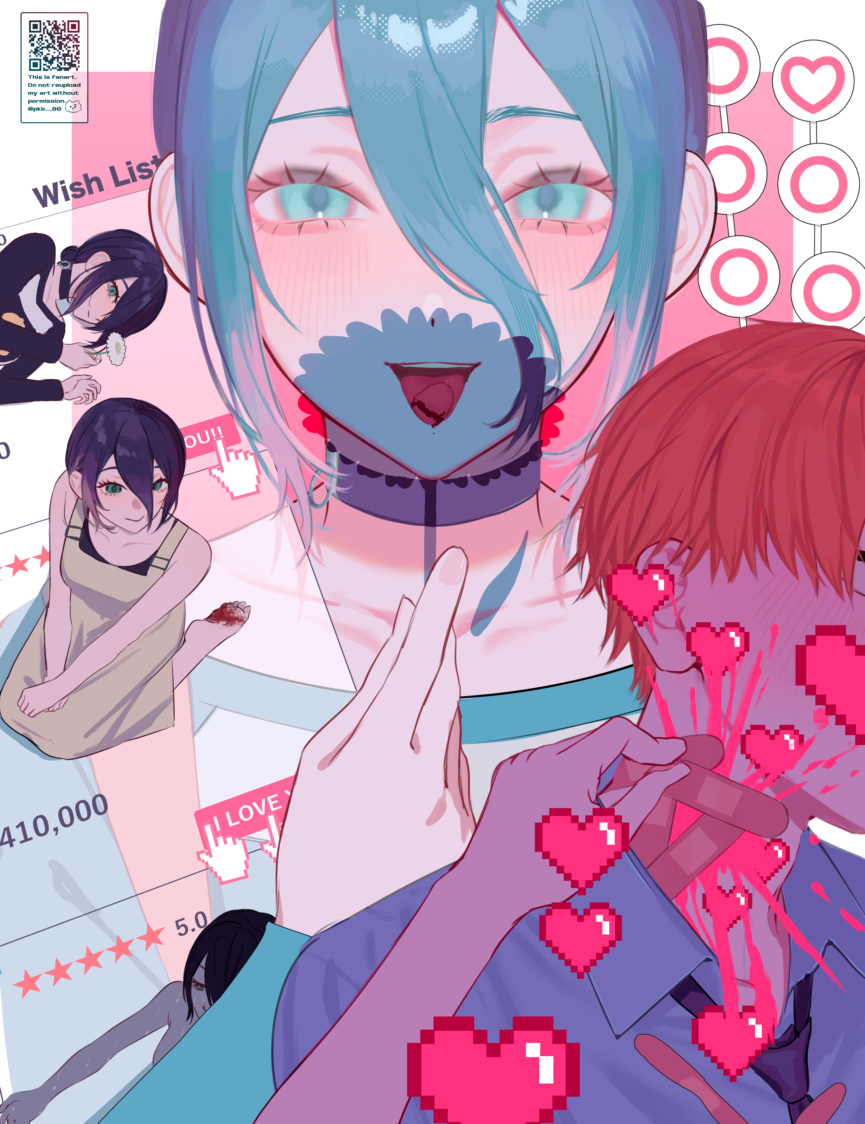 gm gn8, denji (chainsaw man), reze (chainsaw man), chainsaw man, absurdres, highres, 1boy, 1girl, apron, blonde hair, blue eyes, blue hair, choker, grey apron, hair between eyes, hand cursor, heart, multiple views, open mouth, pixel heart, purple choker, purple hair, qr code, severed tongue, short hair, star (symbol), tongue, tongue out